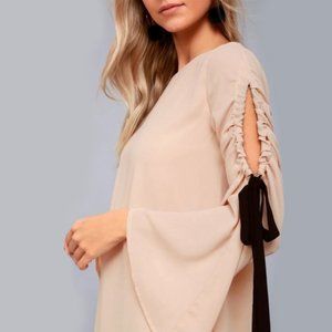 Lulu's Cherish Long Sleeve Shift Dress in Beige